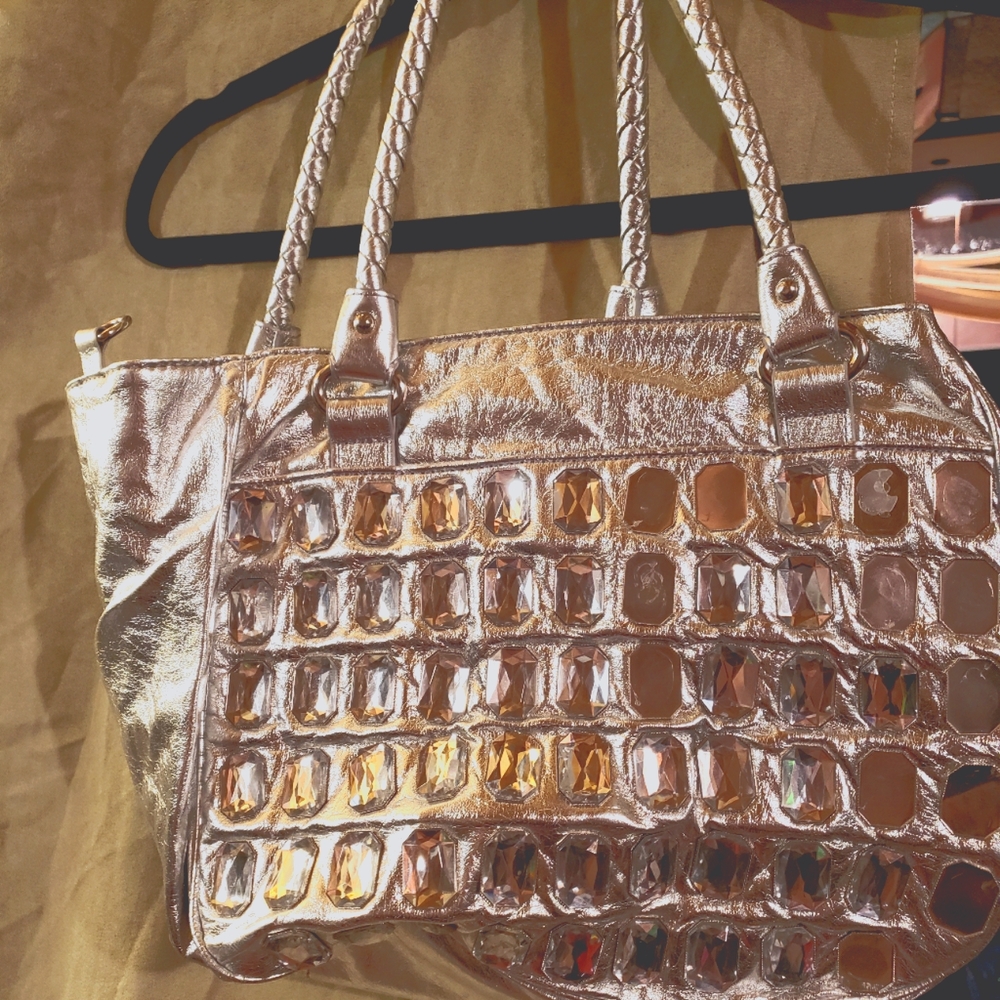 Silver foil bag with faux rectangle gems.